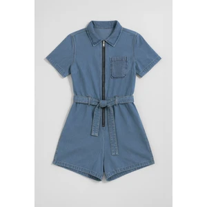 Kadın Kısa Kollu Fermuarlı Jean Tulum Şort