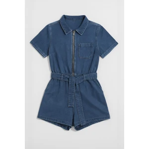 Kadın Kısa Kollu Fermuarlı Jean Tulum Şort