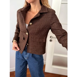 Kadın Dore Düğmeli Blazer Kahverengi Tüvit  Ceket