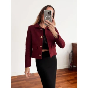 Kadın Dore Düğmeli Blazer Bordo Tüvit  Ceket