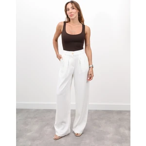 Kadın Yüksel Bel Arkası Lastikli Pileli Palazzo Ekru Pantolon