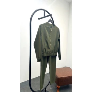 Kadın Fermuarlı Ceket Pantolon Alt-Üst Haki Takım