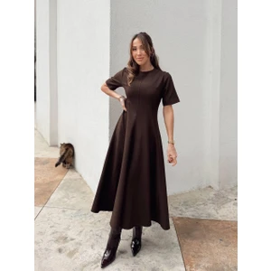 Kadın Maxi Boy Kloş Prenses Kahverengi Elbise