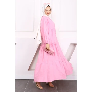 Pembe Yarım Düğmeli Katlı Müslin Elbise