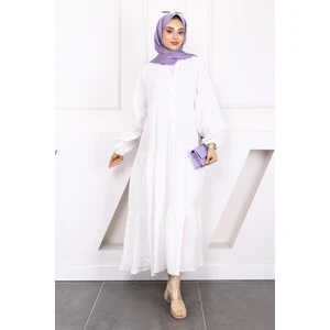 Ekru Yarım Düğmeli Katlı Müslin Elbise