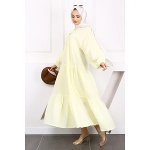 Sarı Yarım Düğmeli Katlı Müslin Elbise