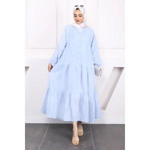 Bebe Mavi Yarım Düğmeli Katlı Müslin Elbise