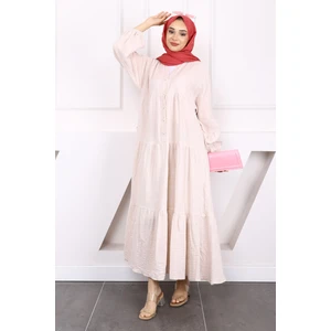 Taş Yarım Düğmeli Katlı Müslin Elbise