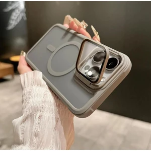 iPhone 15 Pro Uyumlu Standlı Kamera Kısmı Cam Korumalı Arkası Mat Renkli Magsafe Kılıf