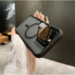 iPhone 15 Pro Uyumlu Standlı Kamera Kısmı Cam Korumalı Arkası Mat Renkli Magsafe Kılıf