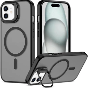 iPhone 11 Uyumlu Kenarları Gri Kamera Standlı Arkası Şeffaf Magsafe Kılıf