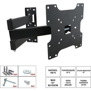 32'' Inç 82 Ekran Uyumlu Çift Kollu Televizyon Hareketli Duvar Askı Aparatı LCD LED Uyumlu