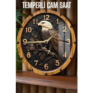 Kartal Detaylı Tasarım 3D Görünümlü Temperli Cam Saat – 33 cm CSDW024