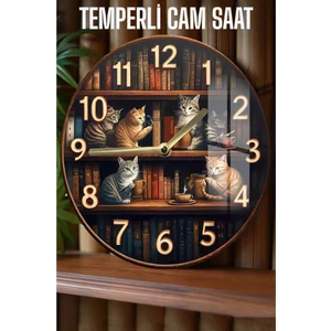 Kütüphane Temalı Sevimli Kedi Desenli 3D Görünümlü Temperli Cam Saat – 33 cm CSDW018