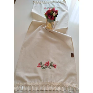 Nakışlı Otantik Organik Saçaklı Yumuşak Keten Runner 47X120 cm