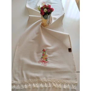 Nakışlı Otantik Organik Saçaklı Yumuşak Keten Runner 47X120 cm