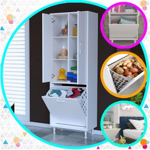 Modilayn ARD-133 Inci 2 Kapaklı Kirli Çamaşır Sepetli Banyo Dolabı Muftak Dolabı Çok Amaçlı Dolap