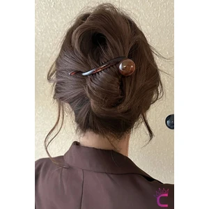 Vintage Retro Şık Kahve Renkli Incili Kıstırmalı Saç Tokası 11CM - Modern Topuz Tokası Klipsli Toka