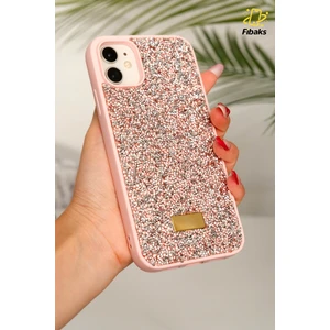 Apple iPhone 11 Uyumlu Kılıf Elmas Tasarımlı Pembe Taşlı Işıltılı Pırlanta Silikon Kapak