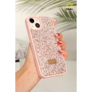 Apple iPhone 13 - 14 - 15 Uyumlu Kılıf Elmas Tasarımlı Pembe Taşlı Işıltılı Pırlanta Silikon Kapak