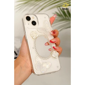 Apple iPhone 13 - 14 - 15 Kılıf 3D Kelebek Gül Desenli Aynalı Simli Şeffaf Tasarımlı Silikon Kapak