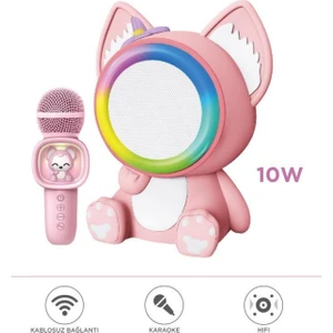 04 Pembe Rgb Sevimli Figürlü Mikrofonlu Karaoke Bluetooth Hoparlör