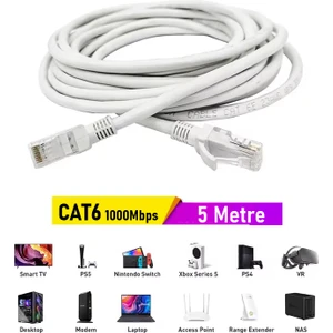 (5 Metre) Cat6 Internet Kablosu Ethernet Utp Patch High Speed Açık Gri