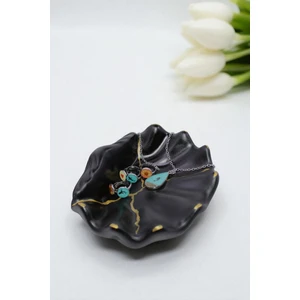 Siyah Gold Çizgi Detaylı Dekoratif Büyük Istiridye Takı Tabağı, Aksesuarlık, Organizer, Mumluk, %100 Taş Tozu 16X16CM (Vernikli)