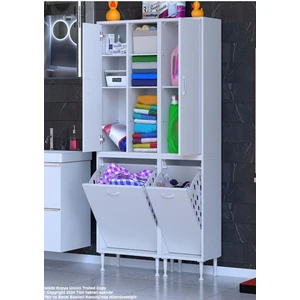 Modilayn Alaçatı İnci 90 x 160 x 32 3 Kapaklı 5 Raflı Çok Amaçlı Banyo Dolabı Kirli Çamaşır Sepetli Dolap Mutfak Dolabı