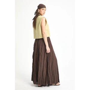 Kadın Kahverengi Vual Kumaş Kırışık Uzun Astarlı Etek 29062