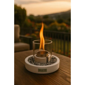 NOİR:10 Granit Desenli Camlı Masa Üstü Şömine – Beyaz Taşlı & Biyoetanol Yakıtlı