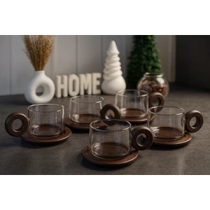 6'lı Borosilikat Cam Akasya Saplı ve Akasya Tabaklı Çay Kahve Fincanı 250 ml