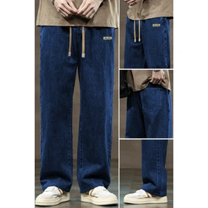Erkek Lacivert Baggy Beli Lastikli Likralı Düz Paça Bol Kesim Rahat Denim Jean Pantolon RF0480