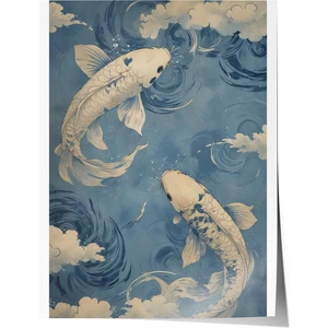 Çerçevesiz Poster, Koi Balıkları, Japon Dalgalar Arasında, Mavi Tonlar Poster No: 107505