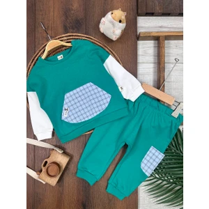 Pamuklu Kanguru Cepli Ekose Detaylı 2li Erkek Bebek Takım