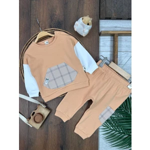 Pamuklu Kanguru Cepli Ekose Detaylı 2li Erkek Bebek Takım