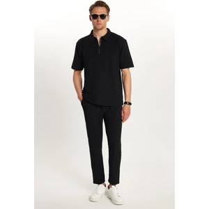 Erkek Standart Fit Pamuklu Fermuarlı Polo Yaka Beli Bağcıklı Siyah Eşofman Takımı