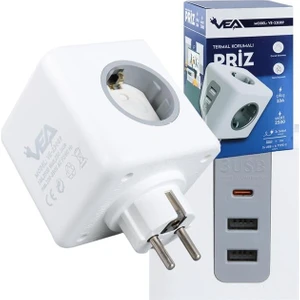 Vea VE-23089 2x USB 1x Type-C 3'lü Çocuk ve Termal Korumalı Grup Priz