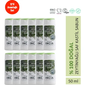 Incıa  Doğal Sıvı Kastil Sabunu Besleyici Zeytinyağlı Saf Kastil Sabun Seyahat Boyu 50 ml X12 Adet