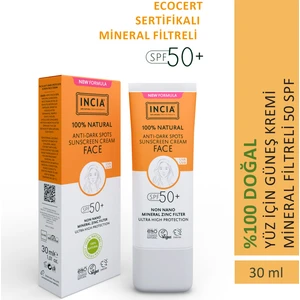 %100 Doğal Yüz Güneş Kremi Leke Karşıtı Aydınlık Görünüm Mineral Filtre Uva1 Uva2 Uvb Spf 50+ 30 ml
