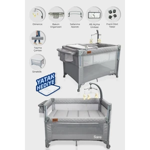 Sare Anne Yanı Park Yatak Oyun Parkı Beşik 70X110 cm - Yatak Hediyeli - Gri