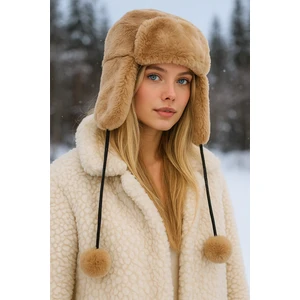 Camel Peluş Kulaklı Ponponlu Bere Şapka