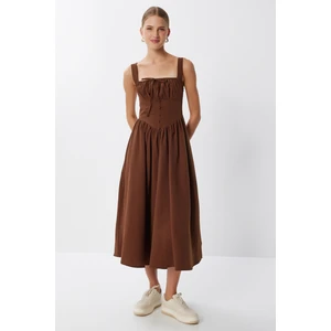 Korse Görünümlü Poplin Midi Elbise LUB0224 Kahverengi