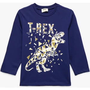 Pamuklu Uzun Kollu Bisiklet Yaka Dinozor Baskılı Tişört