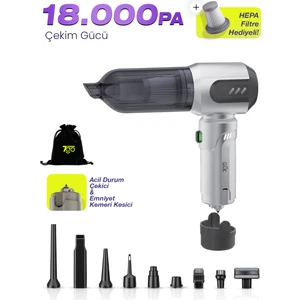 7go Ahv-14 2'si 1 Arada Kablosuz Araç Içi Süpürge Gümüş | 18000PA Güçlü Vakum + Üfleme | Cam Kırıcı & Kemer Kesici Acil Durum Özellikli