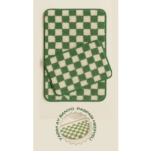 Yarım Ay Paspas Hediyeli Dama Desenli Kaymaz Taban Yıkanabilir 2 Parça Banyo Paspası 60X100 cm Shaggy Chess