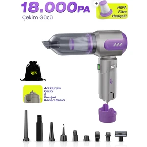 7go Ahv-14 2'si 1 Arada Kablosuz Araç Içi Süpürge Mor | 18000PA Güçlü Vakum + Üfleme | Cam Kırıcı & Kemer Kesici Acil Durum Özellikli