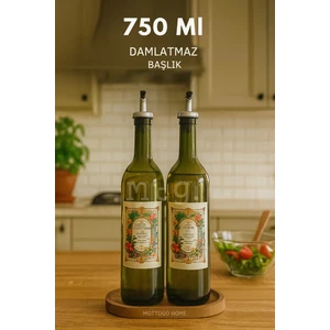 Ahşap Stantlı Amber 2'li 750 ml Zeytinyağı Sıvıyağ Şişesi Yağdanlık Cam Şişe - Vintage Etiketli
