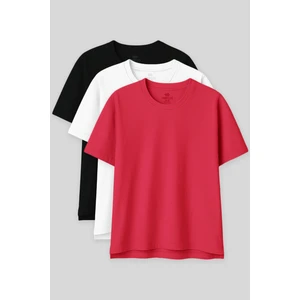 Oversize Fit Basic O Yaka 3lü Paket Siyah-Beyaz-Rose Kadın T-Shirt 97285