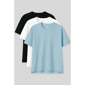 Oversize Fit Basic O Yaka 3lü Paket Siyah-Beyaz-Açık Mavi Kadın T-Shirt 97285